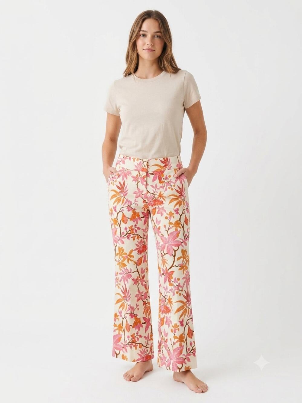 Spartina 449 Floral Wide-Leg Cropped Pants in Pink, Orange and Cream